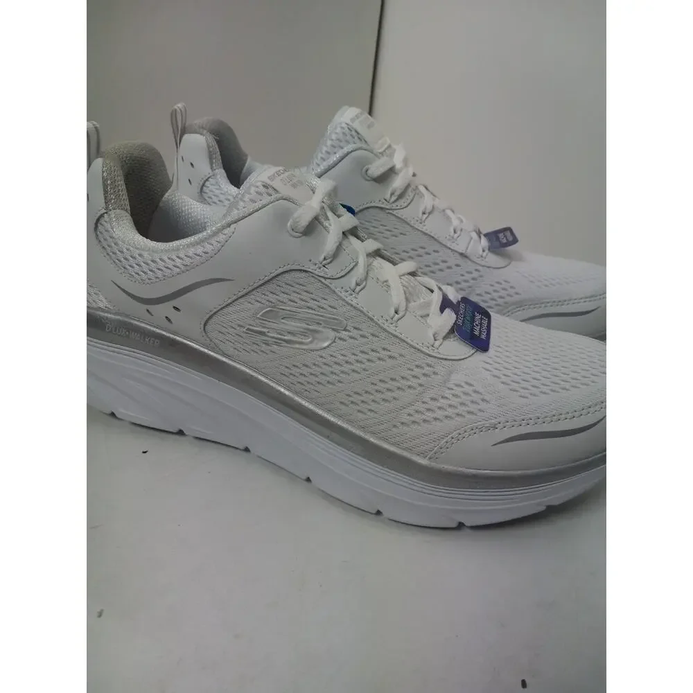 Skechers D'Lux Walker Infinite Motion White Silver Mesh Lace Shoes Womens Sz 11